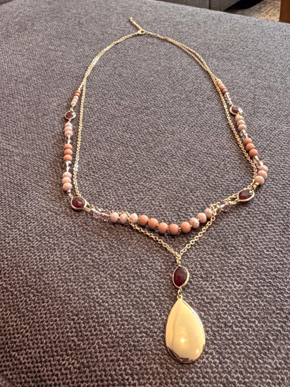 Handcrafted Gold Necklace with Pink Beads and Cream Pendant